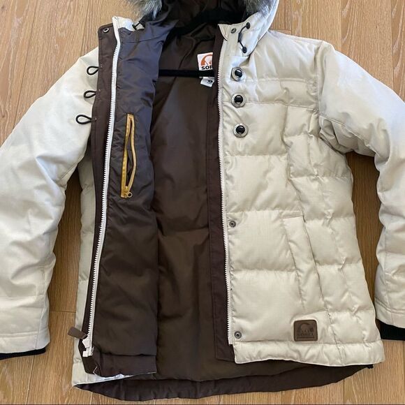 Sorel-Short Down Puffer Cream Faux Fur Hood Jacket - Picture 9 of 16